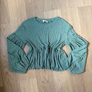 Altar'd State Green Ribbed Raw Hem Balloon Sleeve Top Size Small